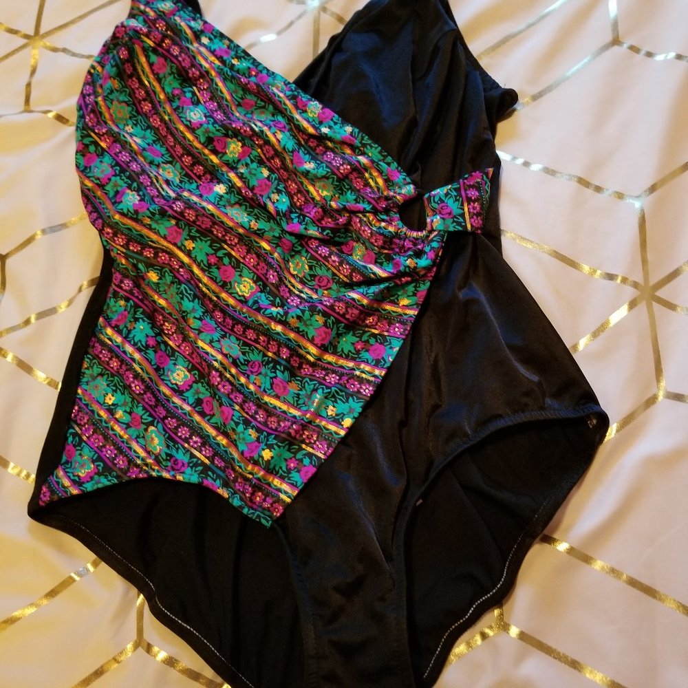 Wrap front one piece bathing suit